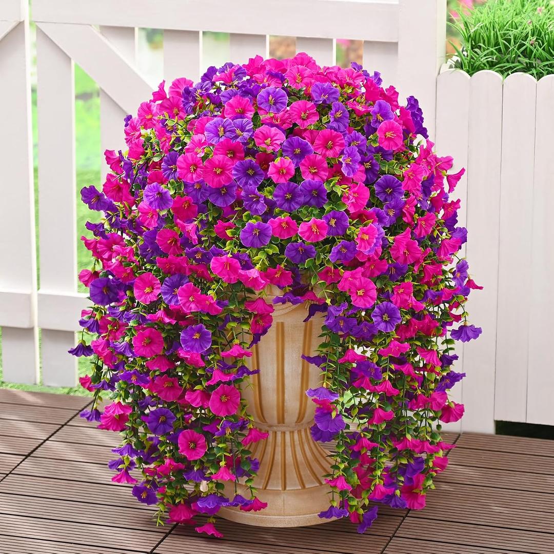Dolicer 4 Packs Look Real Artificial Flowers for Outdoors, Fake Artificial Hanging Flowers for Outdoors Realistic UV Resistant Hanging Flowers Silk Petunia Faux Flowers for Porch Patio(Purple+Fuchsia)