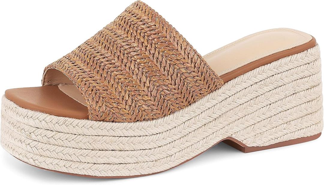 Erocalli Platform Sandals Women Raffia Espadrille Wedges Summer Beach Shoes | Woven Raffia Platform Wedge Sandals with Open Toe, Espadrille Sole and Slip-On Design for Effortless Summer Style (Black)