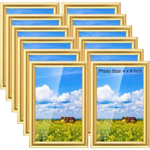 Kathfly 4 x 6 Gold Picture Frames Sets of 12 Modern Simple Designed Photo Frame Bulk with Resin for Pictures Wall Mount Tabletop Display Home Office Hotel Decoration
