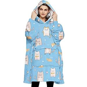 KFUBUO Wearable Blanket Hoodie for Adults Sherpa All Patterns Blue Cat Oversized Sweatshirt Blanket with Pockets Cute Gifts for Women, Extra Large