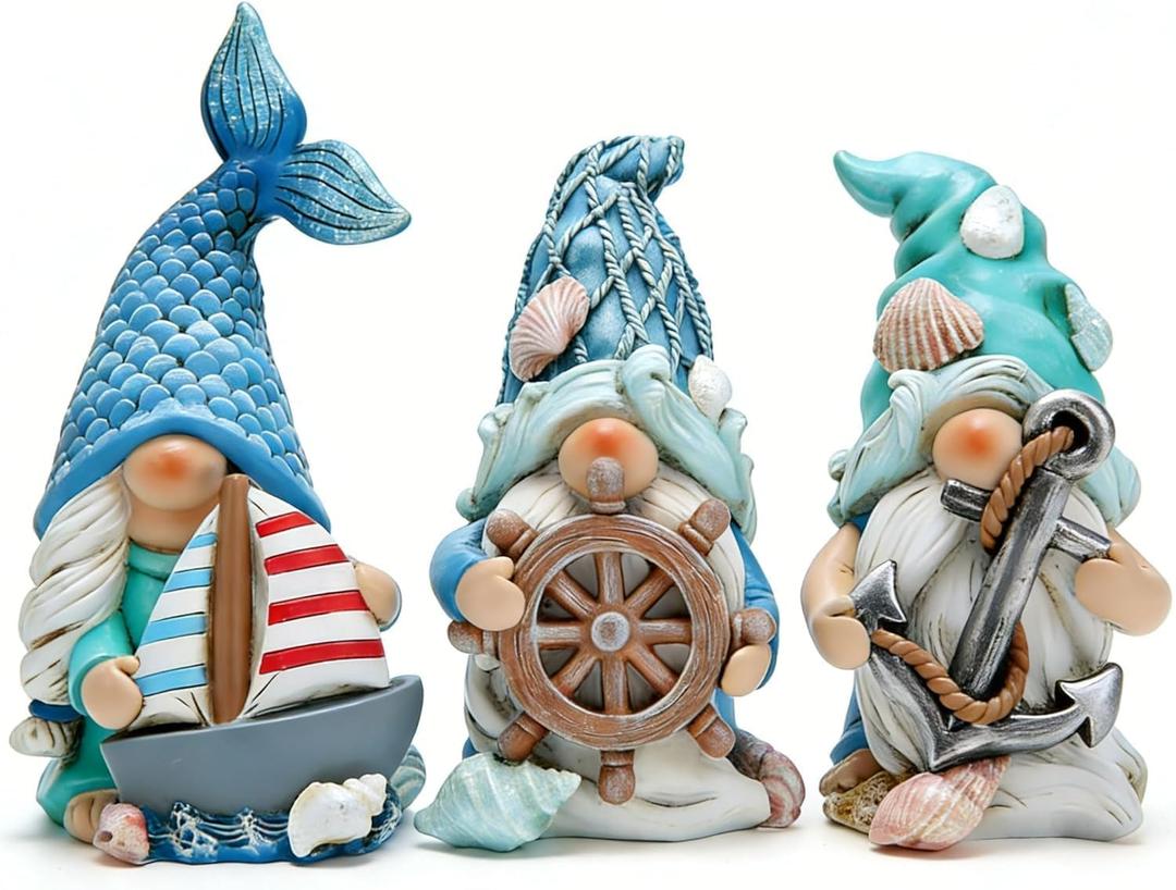 Hodao Ocean Gnome Figurines Set of 3, Nautical Resin Decor with Sailboat Anchor Helm Design, Cute Coastal Gnome Statues for Valentines Day Easter, All Season Home Decor