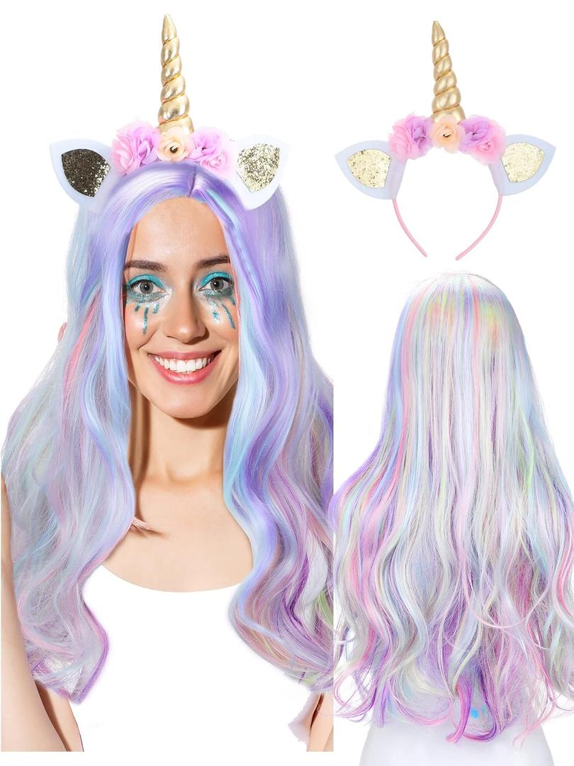 Janinka 3 Pcs Halloween Unicorn Wig Mermaid Face Jewels Set Long Curly Wavy Rainbow Hair Wig Unicorn Supplies Rhinestones Eyes Stickers for Cosplay Music Festival