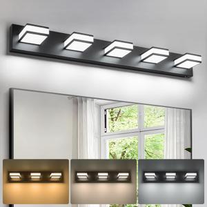 Modern LED 5 Light Bathroom Vanity Lights Over Mirror, 40W Dimmable 3CCT Acrylic Black Bathroom Wall Lighting Fixtures with 350 Rotatable Angle, 40 Inch