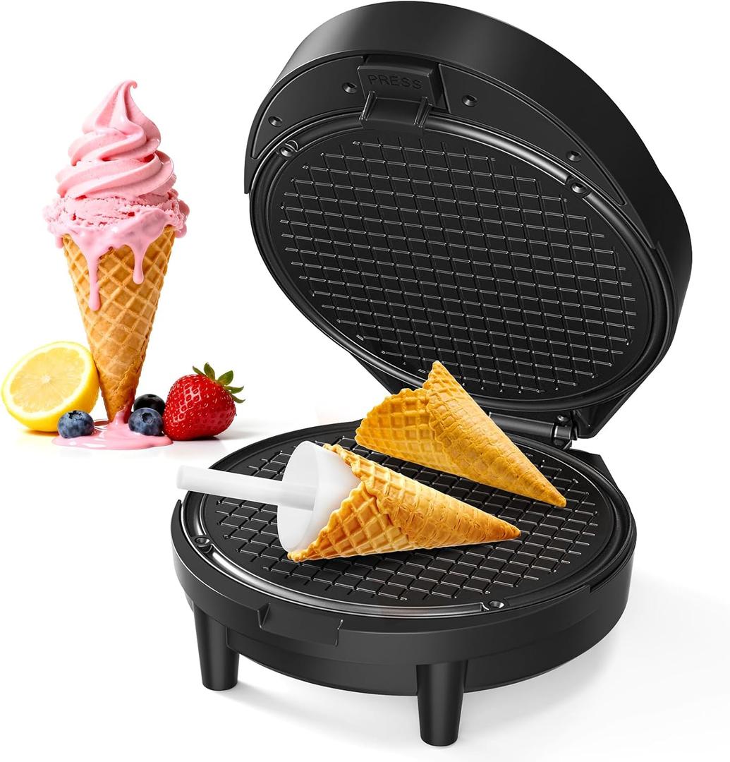 Waffle Cone Maker and Ice Cream Cone Maker with Cone Roller, 1000W Double Side Even Heating Thin Waffle Maker, Makes Crispy Waffle Cones, 7.5" Nonstick Plate Waffle Cone Maker Machine, Easy to Clean (Black)