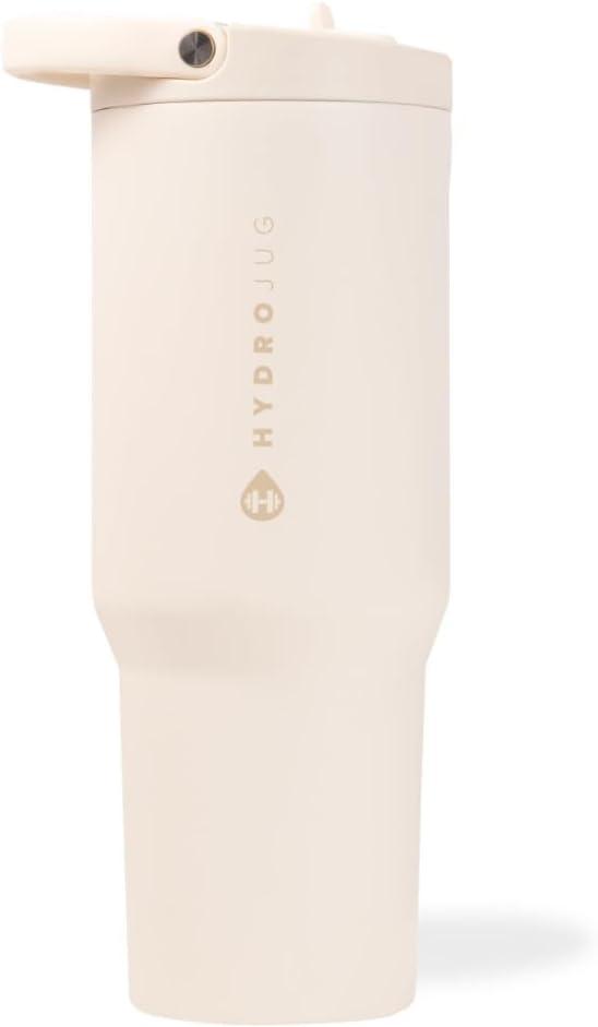 HydroJug Sport - Stainless Steel Tumbler with Straw, Vacuum Insulated, 32oz Leakproof Water Bottle, Ergonomic Design, Reusable, Dishwasher Safe, Rubber Base, Durable for Gym or Outdoors, Cream