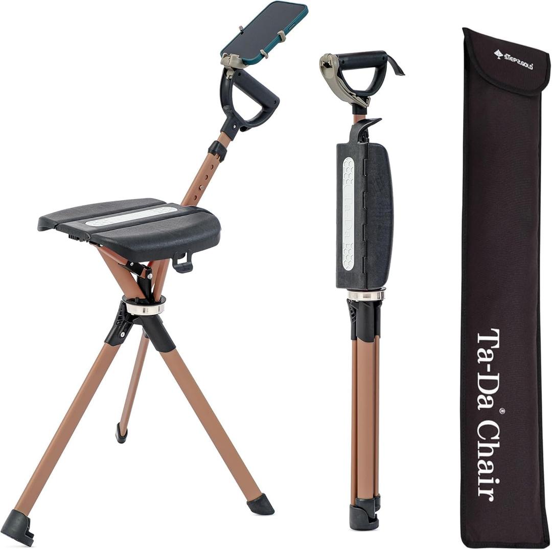 STEP2GOLD Ta-Da Chair Series 2 PRO MAX - Walking Cane with Seat, Sturdy Foldable Stool Supports 400 lb, Lightweight Aluminum Walking Stick with Chair, Anti-Slip, Ideal for Hiking & Outdoors (Black), 33.5"