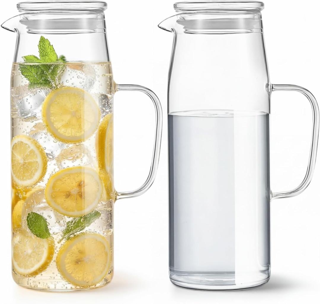 Hsei 2 Sets Glass Pitcher with Lid, 67.6 oz / 2000 ml Water Carafe with Handles Hot Cold Beverage Water Jar Glass Jug for Tea Juice Milk Coffee Iced Beverage (Glass Lid)
