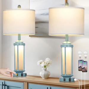 Farmhouse Table Lamps for Living Room, 27" Vintage Rustic Beside Lamp Set of 2 with USB A+C Charging Ports & AC Outlet, Retro Nightstand Lamp with Fabric Shade for Bedroom Entryway(4 Bulbs Included), Blue