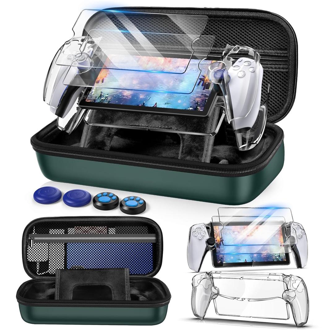 Auarte 12 in 1 Accessories Set for Playstation Portal Remote Player, Hard Carrying Case for PS Portal with Clear Skin Case for PS5 Portal, 2 Screen Protector with 4 Thumb Grip (Light Green)