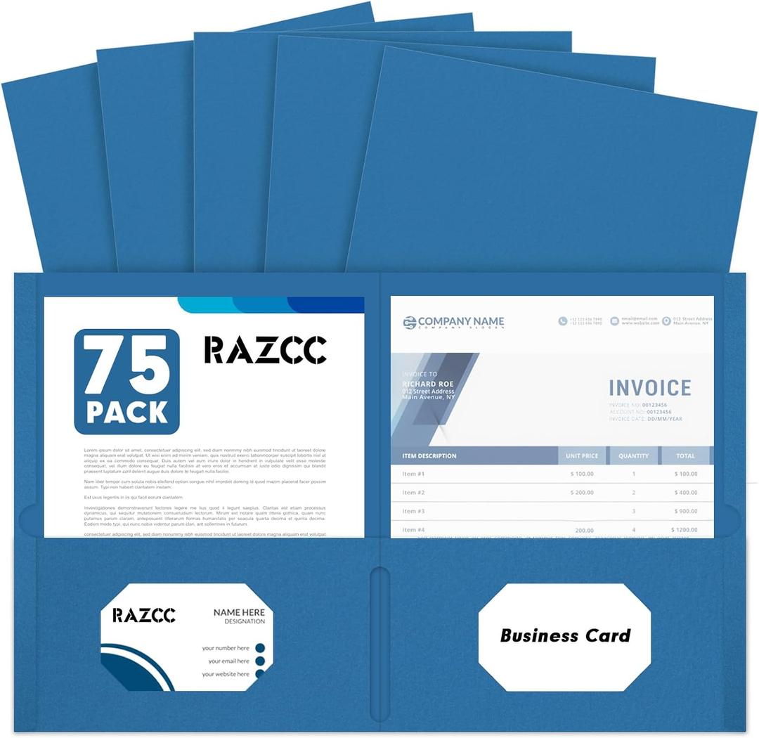 Two Pocket Folders, RAZCC 75 Pack 2 Pocket Folders Fit Letter Size Paper, Paper Folders with Pockets for School Office Business Home (Navy Blue)