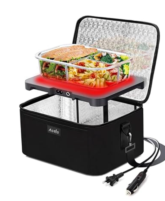 Portable Oven | 12V, 24V, 110V 3-in-1 Portable Food Warmer | Personal Mini Electric Heated Lunch Box for Car, Truck, Travel, Camping, Office Work, Hotel Bundle (Black)