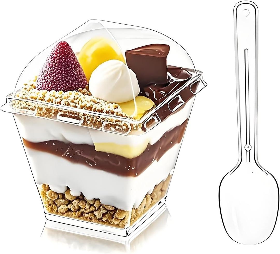 50Pack 7oz Plastic Dessert Cups with Lids and Spoons, Clear Mini Square Parfait Yogurt Cups, Appetizer Pudding Shooter Fruit Trifle Ice Cream Mousse Cup for Party (7 oz)