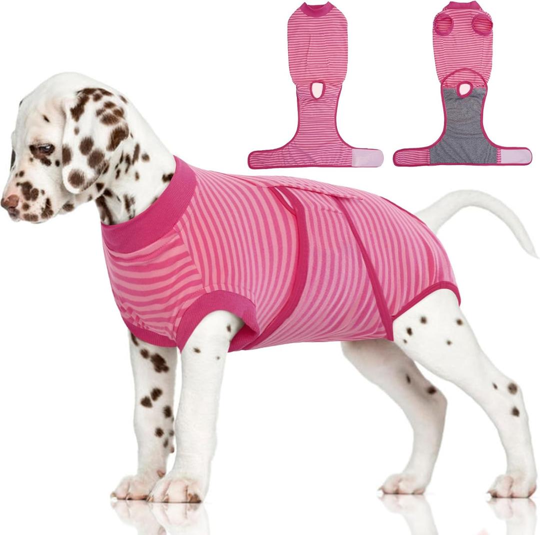 FUAMEY Recovery Suit for Dogs After Surgery,Soft Breathable Dog Bodysuit E-Collar & Cone Alternative Surgical Suit,Male Female Dog Neuter Spay Suits Anti Licking Wounds Onesie Rose Stripes S (S(Back:11.4-13.4in,WT:7-15lbs))