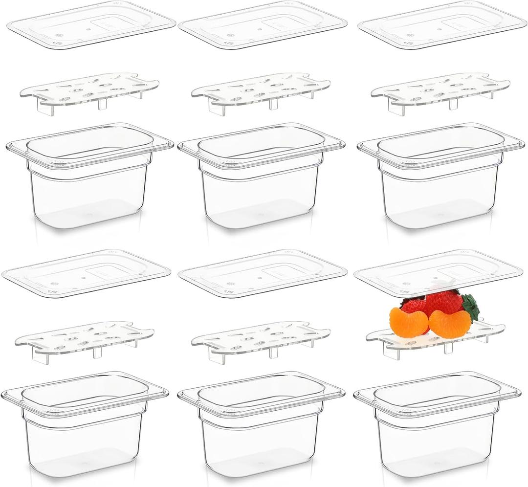 Sunnyray 6 Set 1/ 9 Size Polycarbonate Food Pans with Lids and Drain Shelf Deep Square Food Storage Containers for Kitchen Restaurant Fruit Vegetable Food Storage (4 Inch Deep)