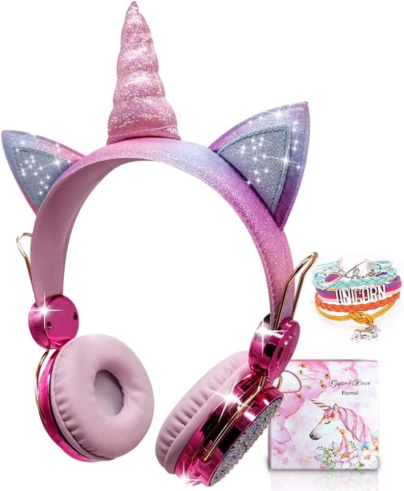 TCJJ Kids Unicorn Headphones for Girls - Wireless Bluetooth Headset with Mic, Adjustable Headband, Over Ear for Smartphones/School/Kindle/Tablet/PC (Pink)