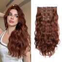 Copper Red Fake Clip in Hair Extensions For Women 18" Long Wavy Synthetic Invisible 5PCS Soft And Easy Installation Thick Curly Ins Hairpieces For Weddings Party Daily Use 6 Oz Auburn