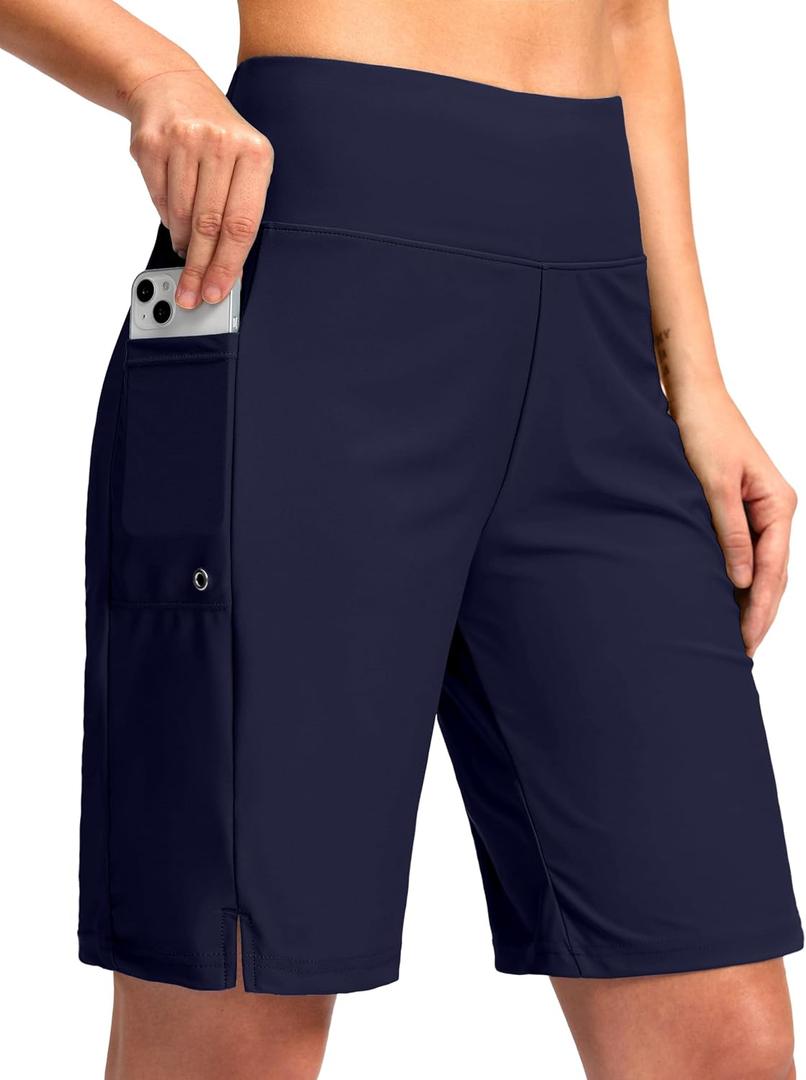 G Gradual Women's 9" Long Swim Board Shorts with Pockets High Waisted Knee Length Beach Swimming Shorts for Women with Liner (Navy, M)