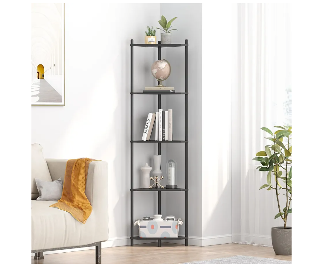 Wisuce Corner Shelf Stand  5 Tier Black Bamboo Small Corner Bookshelf for Office Kitchen Bedroom Plant Stand Living Room Decor Small Space