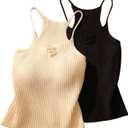 MakeMeChic Women's 2 Pack Crochet Cami Tops 3D Floral Rib Knitted Y2K Camisoles (M)