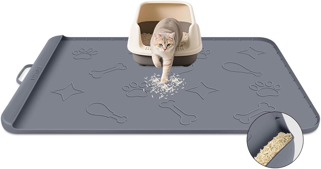 Silicone Cat Litter Mat with Collection Pocket, 42" x 28" Large Cat Litter Box Mat Waterproof Anti-Slip Litter Trapping Mat with Edge and Handle Pet Placemat for Floors (Dark Grey)