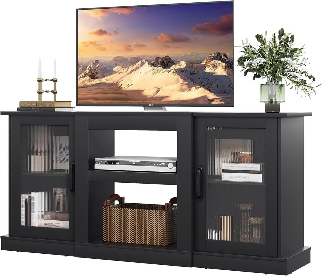 WLIVE Retro TV Stand for 65 inch TV, TV Console Cabinet with Storage, Open Shelves Entertainment Center for Living Room and Bedroom, Black