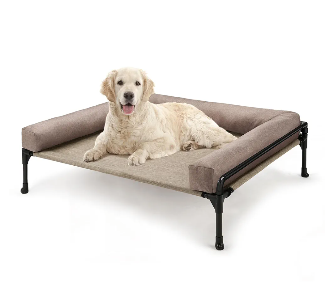 Veehoo Elevated Raised Dog Bed-Cooling Outdoor Dog Cot Bed for Large Sized Dogs Three-Sided Fence Raised Pet Cot with Mesh &No-Slip Feet Dog Hammock Bed with Removable Bolster-35 x 22" Beige Coffee