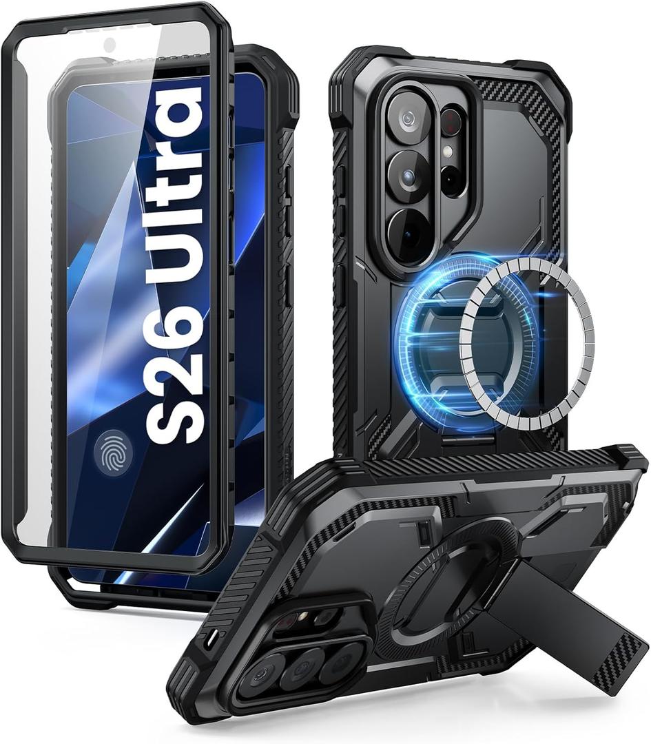 i-Blason for Samsung Galaxy S26 Ultra Case MagSafe with Adjustable Metal Kickstand, Built-in Screen Protector, Full-Body Heavy-Duty Phone Case for Samsung S26 Ultra 6.9 inch, Armorbox Series, Black
