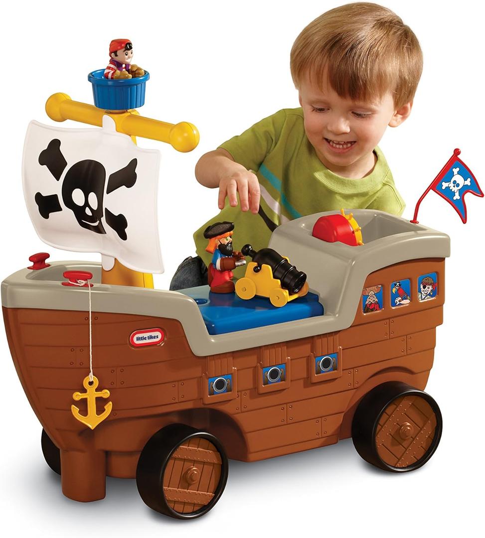2-in-1 Pirate Ship Toy - Kids Ride-On Boat with Wheels, Under Seat Storage and Playset with Figures - Interactive Ride on Toys for 1 year olds and above, Multicolor