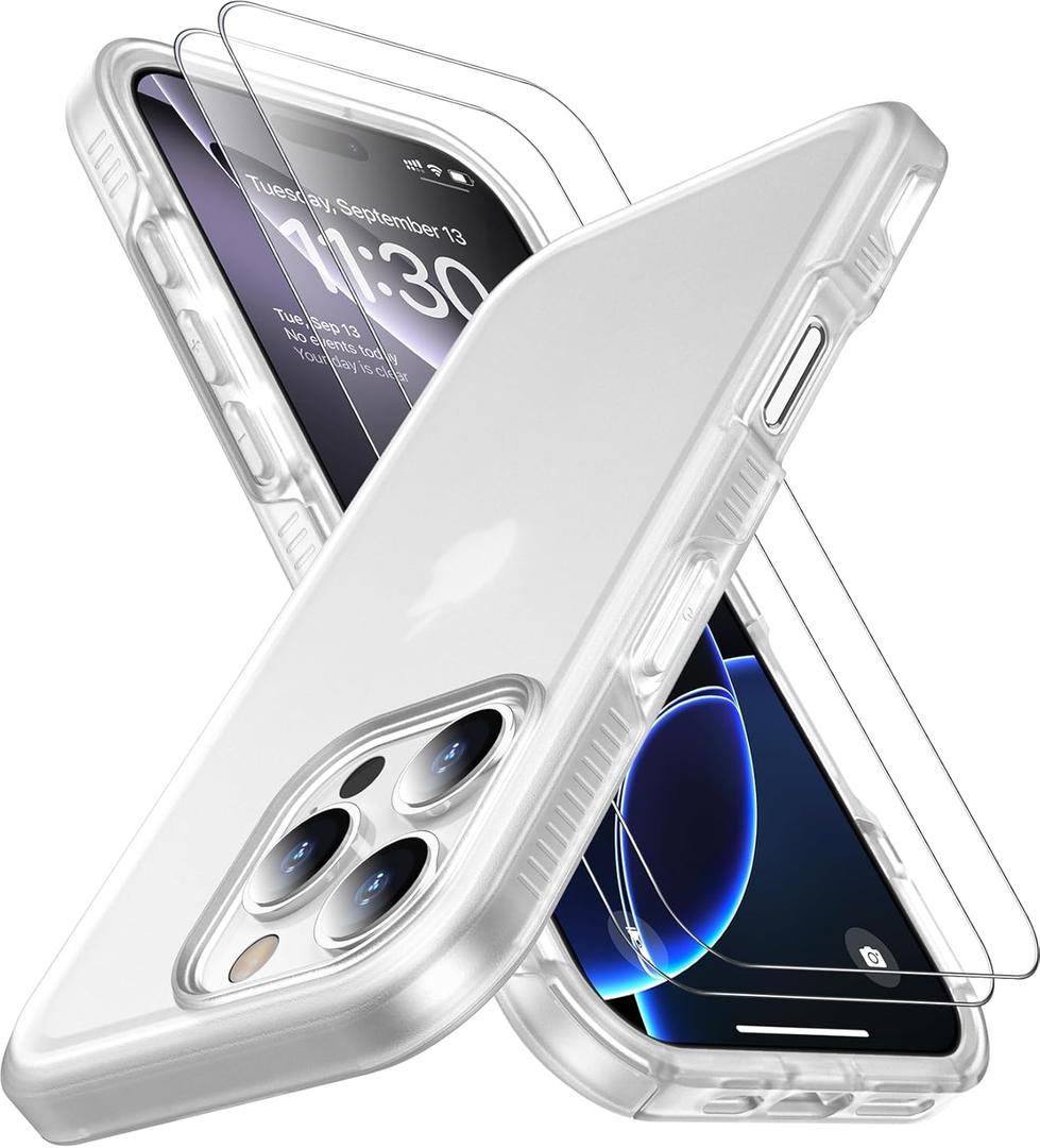 2 x SPIDERCASE Designed for iPhone 16 Pro Case, [12 FT Military Grade Protection] 2 Pack [Tempered Glass Screen Protectors] Heavy Duty Shockproof Phone Case,Matte Clear