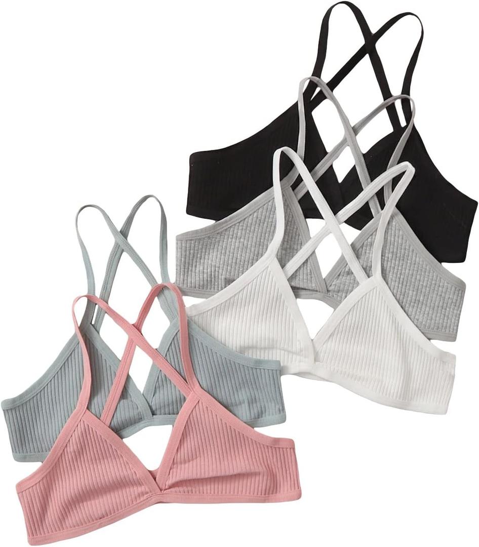COZYEASE Women's 5 Piece Solid Ribbed Knit Criss Cross Wireless Bralettes Underwear (3X-Large, Multicolor)
