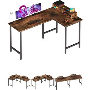 L Shaped Computer Desk - 58" Gaming Desk, Reversible Corner Desk, Home Office Writing Desk with Monitor Stand Shelf, Space-Saving Modern Simple Wooden Desk, Rustic Brown
