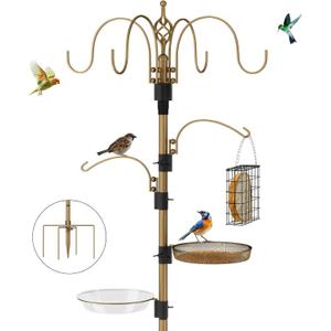Bird Feeding Station with Multi Feeder Hanging, 4-Hook Bird Feeder Pole with 5 Prong Base, Metal Suet Feeder, Mesh Tray for Attracting Wild Birds and Planter Hanger (Copper 91in)