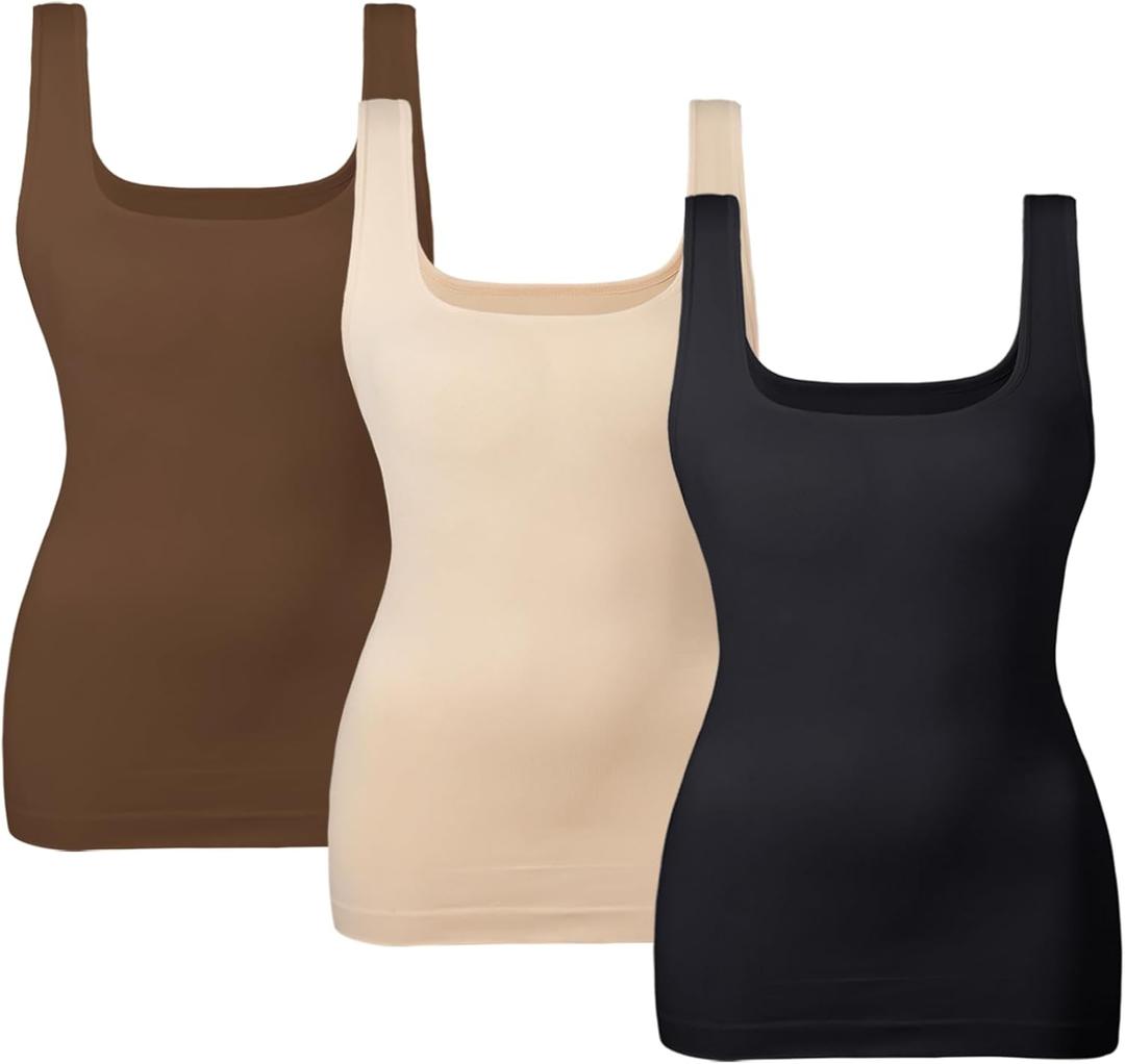 EUYZOU Women's Tummy Control Shapewear Tank Tops Seamless Square Neck Compression Tops Slimming Body Shaper Camisole (Large, Black/Nude/Coffee 3pk)