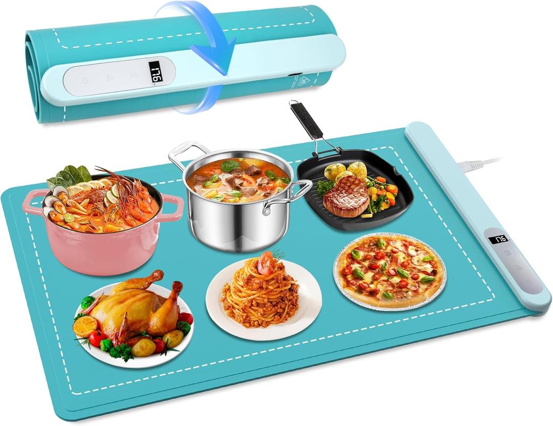 Food Warming Mat  Rapid Full-Surface Heating, Silicone Electric Warming Tray with 6 Temperature Settings, 6 Hours Timer Auto Shut-Off  Perfect Rollable Food Warmer for Parties, Buffets, Gatherings