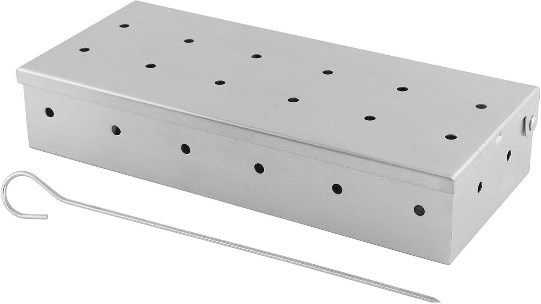 Smoker Box with BBQ Skewer for Gas Grill or Charcoal Grill, Stainless Steel Smoke Box, Works with Wood Chips, Add Smoked BBQ Flavor, Hinged Lid(Silver)