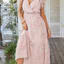 PRETTYGARDEN Women's Summer Floral Boho Maxi Dress Short Sleeve Wrap V Neck Ruffle Long Flowy Beach Wedding Guest Dresses, L
