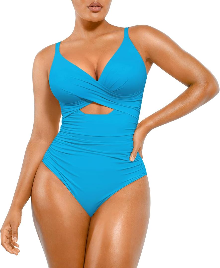SHAPELLX Tummy Control Swimsuits Women V Neck One Piece Bathing Suit Ruched Push Up Slimming Swimwear Built-in Bra (Blue, L)
