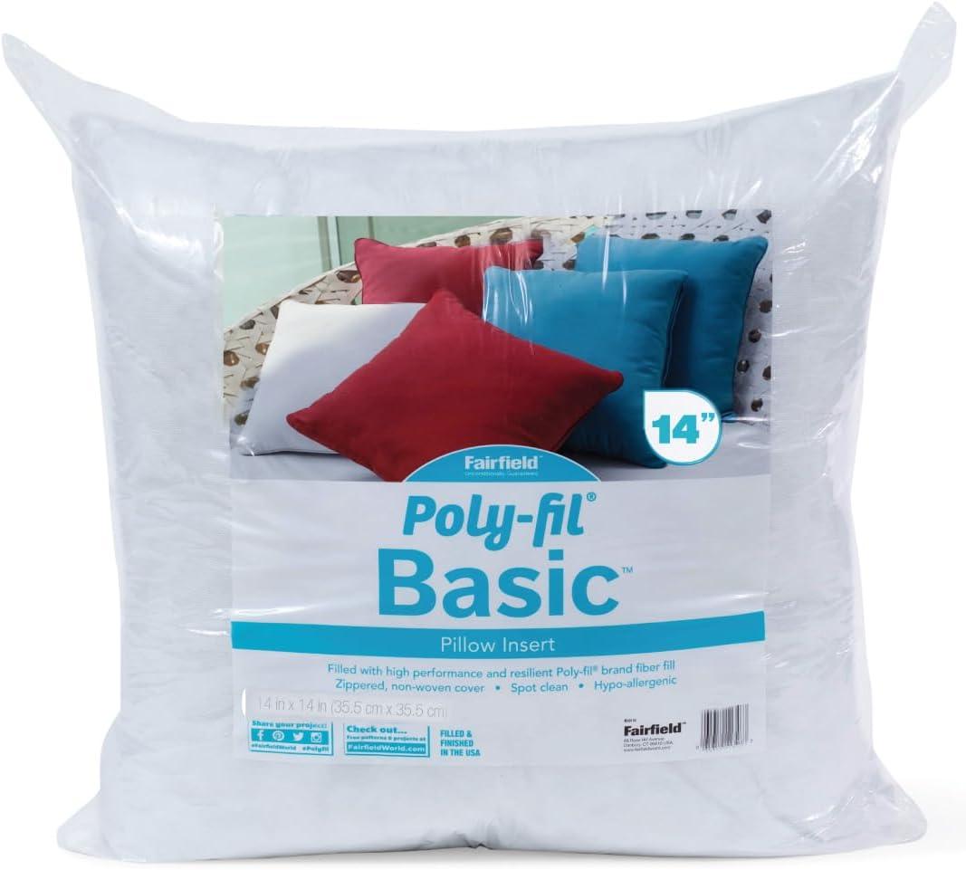 Poly-fil Fairfield Basic Pillow Inserts, Ideal for Decorative Pillows, Travel Pillows, and Home Decor, Zippered, Non-Woven Cover, Spot Clean, 14” Square, White