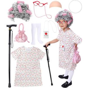 CONGRU 9 PCS Old Lady Costume for Kids,100 Days of School Costume Girls,Granny Grandma Costume Kids Old Lady Wig Accessories (3-5Y)