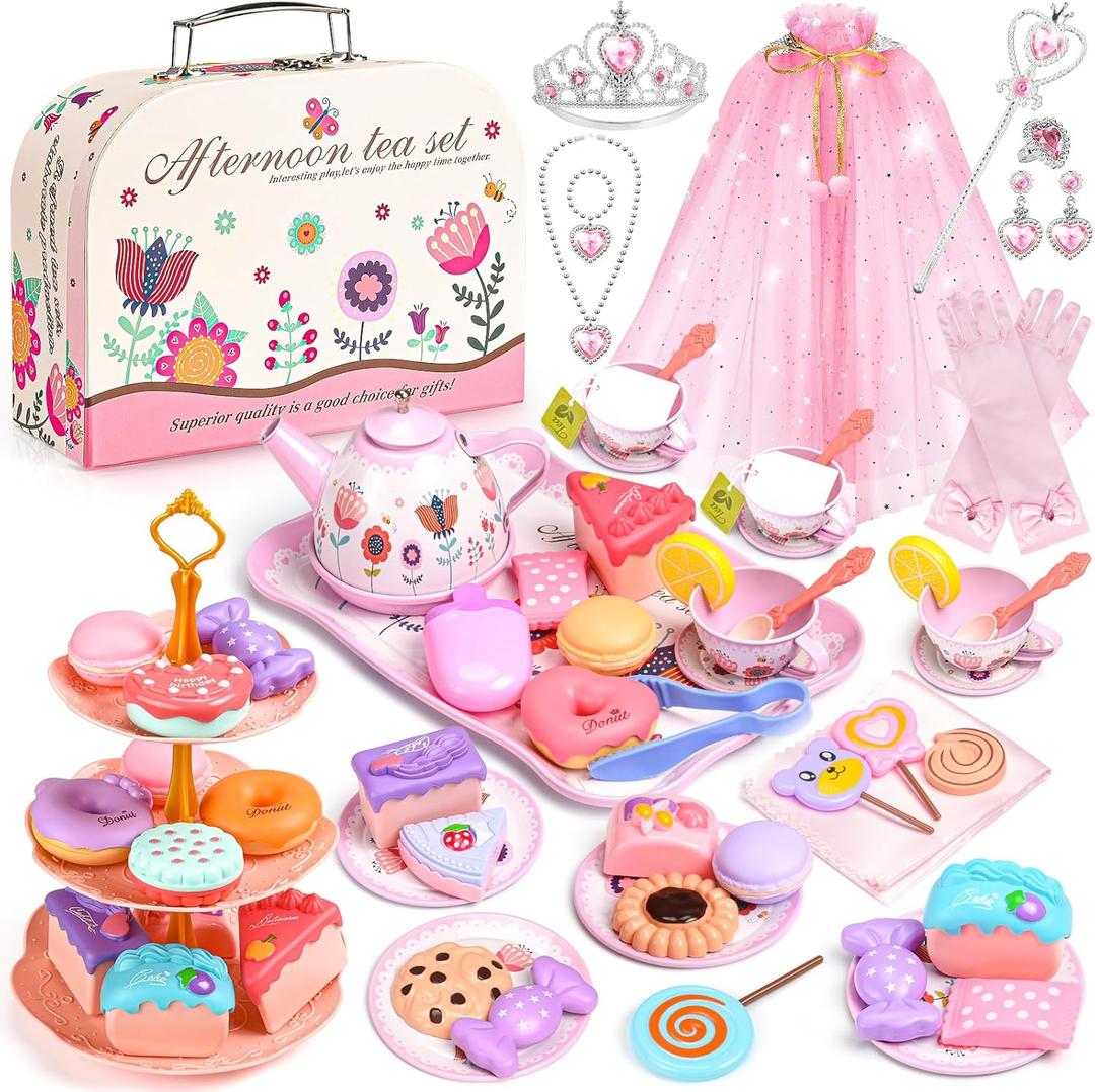 Tea Party Set for Little Girls, 63Pcs Pretend Play Toys, Princess Dress Up Tea Time, Tin Tea Sets for Toddlers 3-5 6 with Dessert, Carrying Case, Kids Kitchen Playset, Birthday Gift for Toddler Girls, Pink Floral