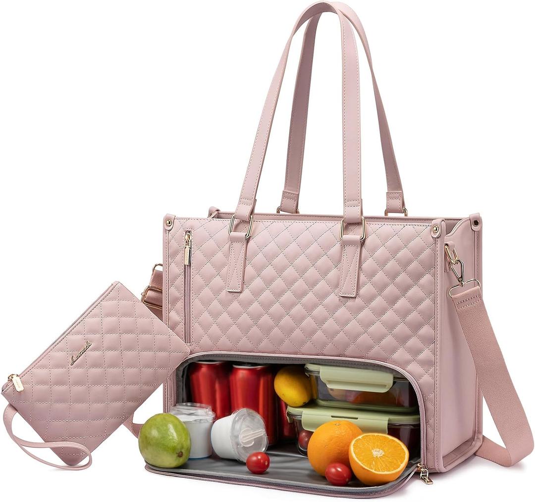 LOVEVOOK Lunch Tote Bag for Women, 15.6 Inch Laptop Bag with Insulated Lunch Compartment, Quilted Large Capacity Computer Handbag with Purse for Business, Work, Nurse, Office, Collage, Casual