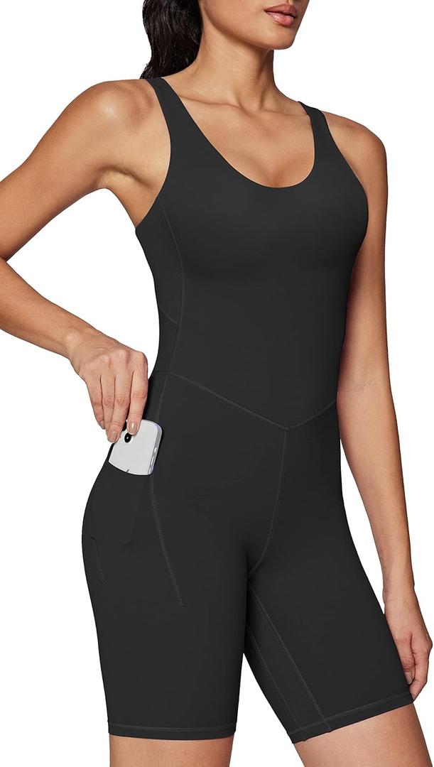 IUGA One Piece Jumpsuits for Women Tummy Control Workout Jumpsuits Athletic Romper with Built-in Bra Pockets (X-Small, Black)