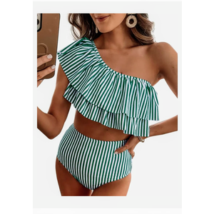 VIMPUNEC Ruffle One Shoulder Swimsuits for Women Striped High Waisted Two Piece Bathing Suits, Size M