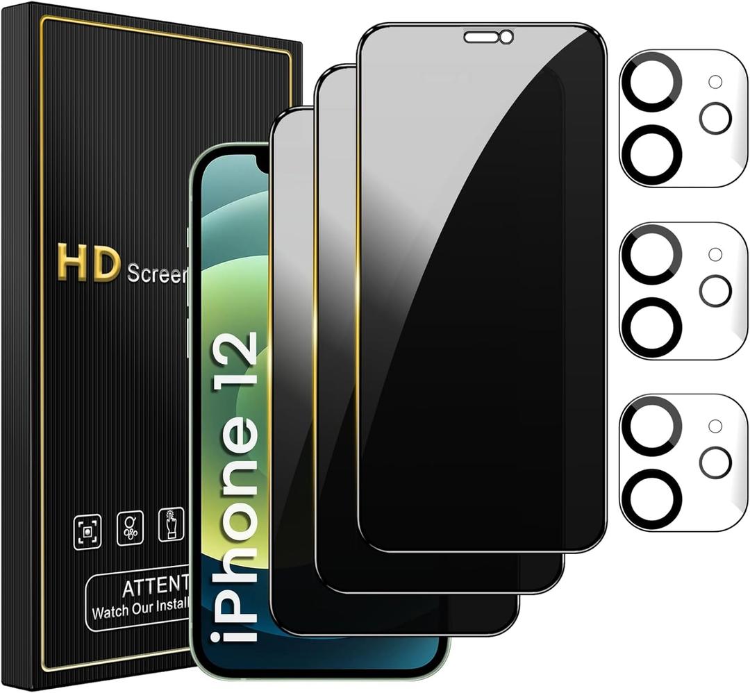 3 Pack Privacy Screen Protector for iPhone 12 6.1 Inch with 3 Pack Camera Lens Protector, Anti Spy Tempered Glass Film, Anti-Scratch, Touch Sensitive, Case Friendly
