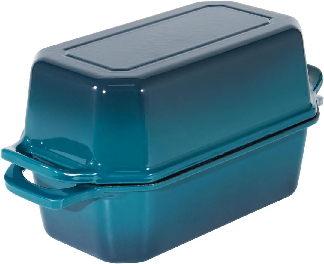 Flavehc Bread Pan Cast Iron Loaf Pan with Lid Bread Loaf Pan 8.5x4.5 Inch Loaf Pan Enameled Cast Iron Sourdough Loaf Pan, DarkCyan