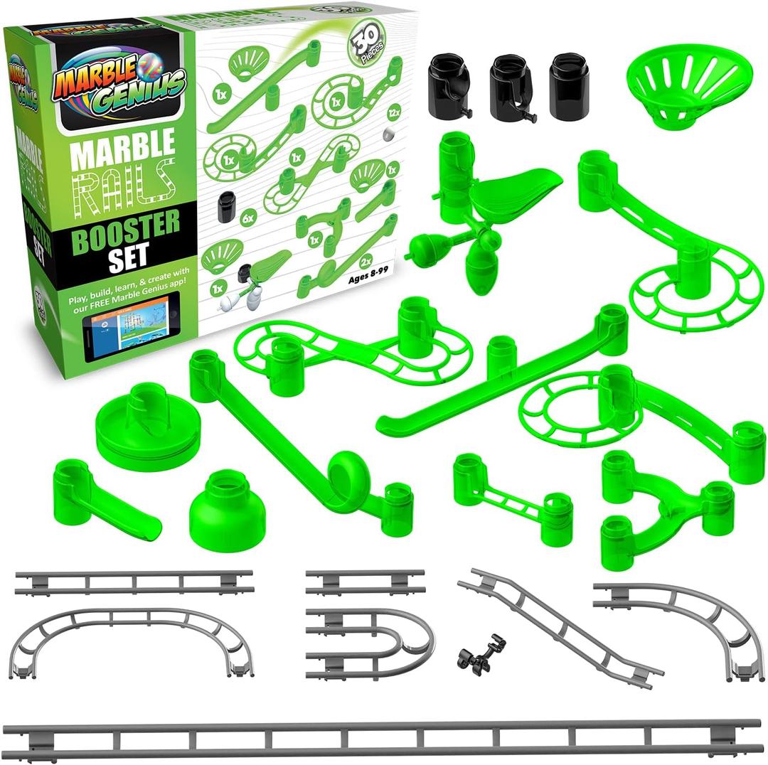 Marble Genius Add-on Accessory Marble Rails Booster Set, 30 Piece Marble Run for Kids 8+ (Action Rails, Jumps, Swings, Tubes & 12 Glass Marbles), STEM, Great for Kids & Teens