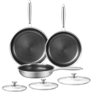 6 Piece Stainless Steel Frying Pan Set with Lids, Nonstick Honeycomb Frying Pan Set, 3pcs W/Stay Cool Handle, Skillet Works Pan for Cooking with Induction, Gas, Ceramic & Electric Stovetops (Silver-9.5inch+10inch+12inch With Lid)