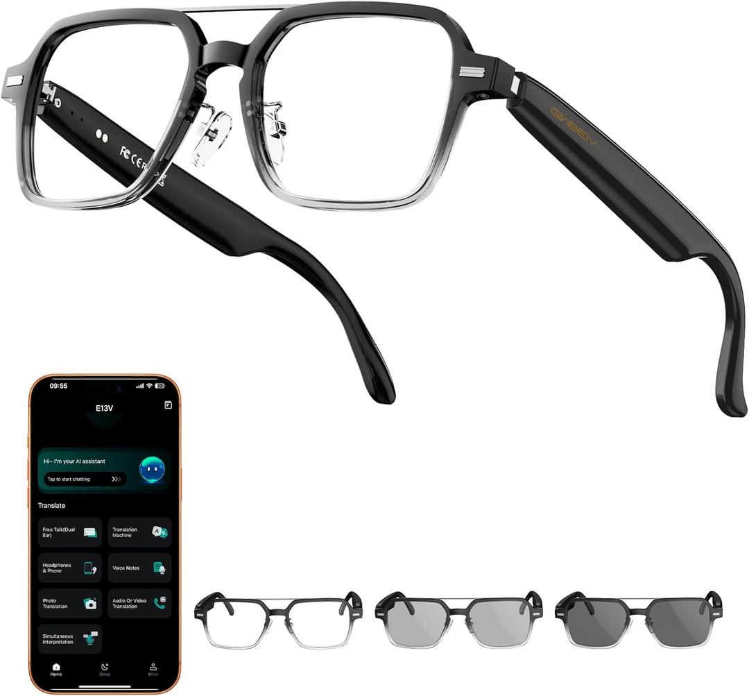 Smart Glasses for Men & Women, Aviator Bluetooth Glasses 165 Languages Translation with Photochromic Lens, AI Glasses for Meeting Analysis, Music, Hands-Free Calls, UV & Blue Light Protection