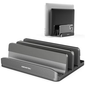 AboveTEK Vertical Laptop Stand, 3 Slots Aluminum Desk Laptop Holder & Laptop Docking Station Stand for MacBook, Tablet, Phone - Universal Fit (Up to 17.3") - Heavy Duty Polished, Anti Slide - Grey