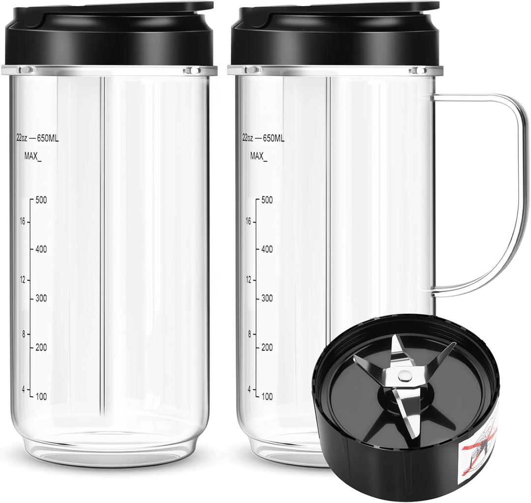 2 Pack Magic Bullet Blender Cups, Tall 22oz Cup with Flip Top To-Go Lid & 4 Fins Cross Blade Blender Replacement Parts, Replacement Cup Mug with Handle Compatible with Magic Bullet 250w MB1001